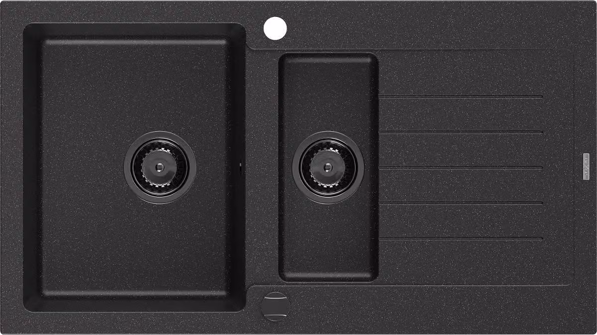 Mexen Matias lavello in granito 1,5 vasca con gocciolatoio 900 x 505 mm nero/argento metallizzato, sifone nero - 6502901505-73-B