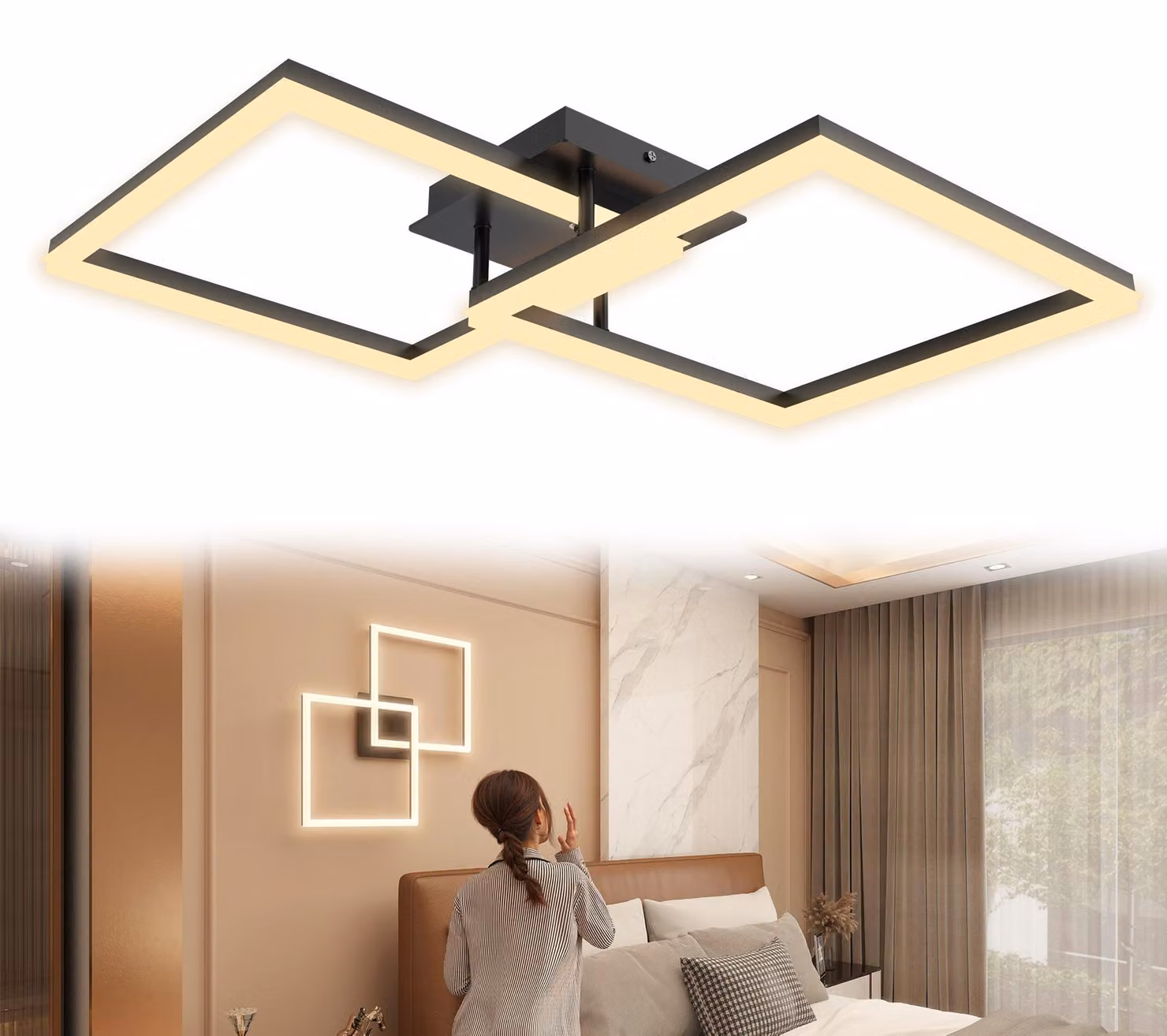 VA-Cerulean, plafoniera LED a forma di doppio quadrato, 72W, luce bianca calda, lampada da soffitto moderna e geometrica, ideale per soggiorno, camera da letto, cucina e ufficio