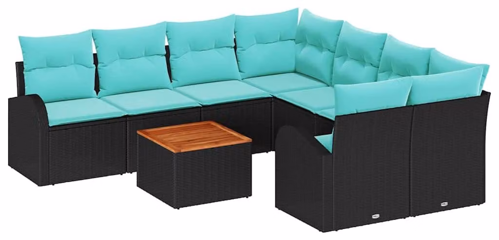 Set da giardino composto da 9 pezzi, in rattan sintetico nero e turchese