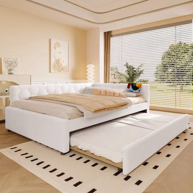Letto imbottito bianco 140x200 cm con rete a doghe; letto estraibile; USB-C e luce da comodino