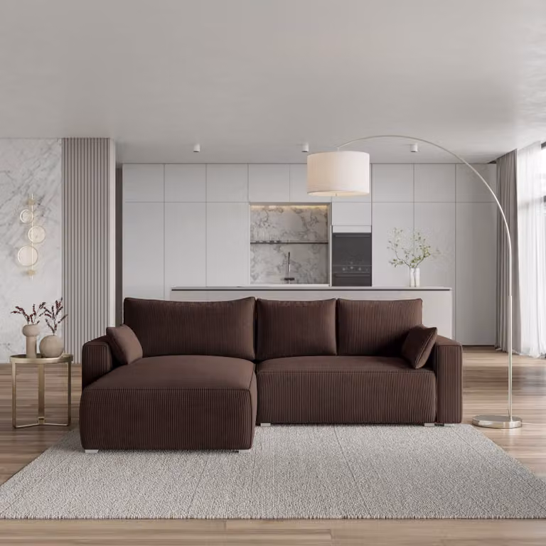 Divano angolare Masseno FORIL P con funzione letto a L, divano con box letto, divano da salotto, divano, divano, divano letto, set di divani - marrone, POSO 06