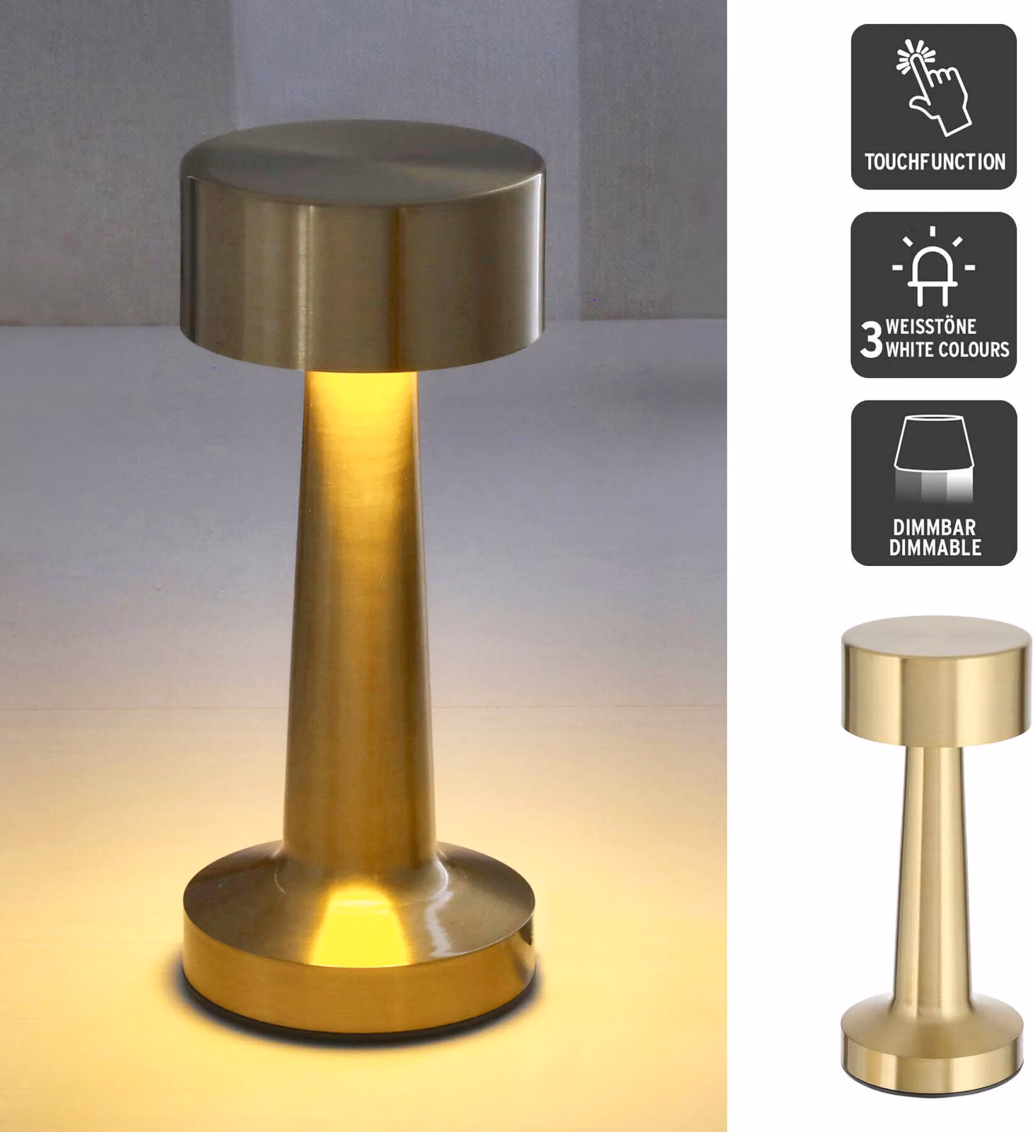 Lampada da tavolo Metall Akku, color oro, con funzione touch, 3 tonalità di luce bianca, lampada da comodino USB ricaricabile, luminosità regolabile, lampada da scrivania dimmerabile