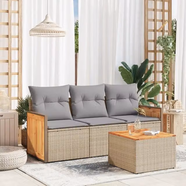 Set Divano da Giardino 4 pz con Cuscini-Sofa da Giardino-Divanetto da esterno Beige in Polyrattan 781433