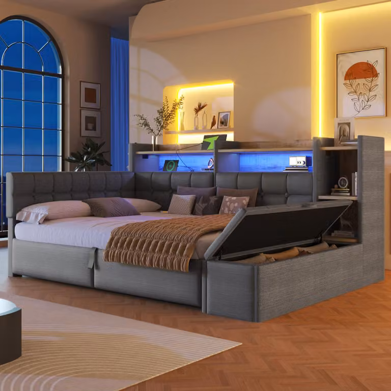 Divano letto Flieks, modello giorno, 140x200 cm, con poggiatesta idraulico, letto imbottito matrimoniale con funzione contenitore e rivestimento in ecopelle, letto per ragazzi in velluto con ripiani, colore grigio
