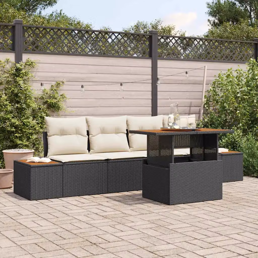 Set da pranzo da giardino moderno vidaXL in rattan e legno di acacia con cuscini nero e beige – 1