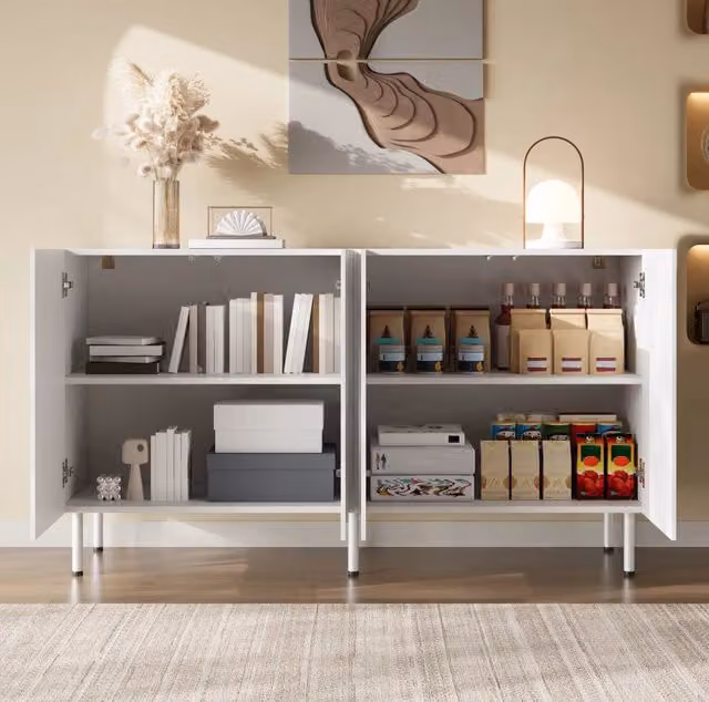 Sideboard moderno 140x40x77;5 cm con 4 ante; push-to-open; MDF e PB; bianco