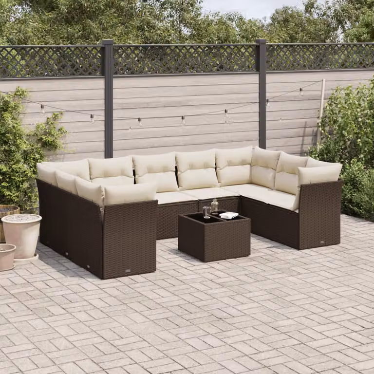 vidaXL Set Divani da Giardino 10pz in Polyrattan Marrone con Cuscini e Tavolino da Esterno