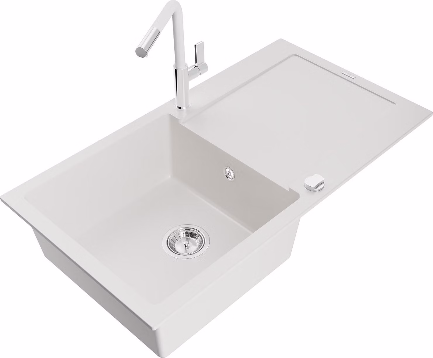 Mexen Leo lavello in granito 1-vasca con gocciolatoio e rubinetto da cucina Flora, bianco - 6501-20-670401-02