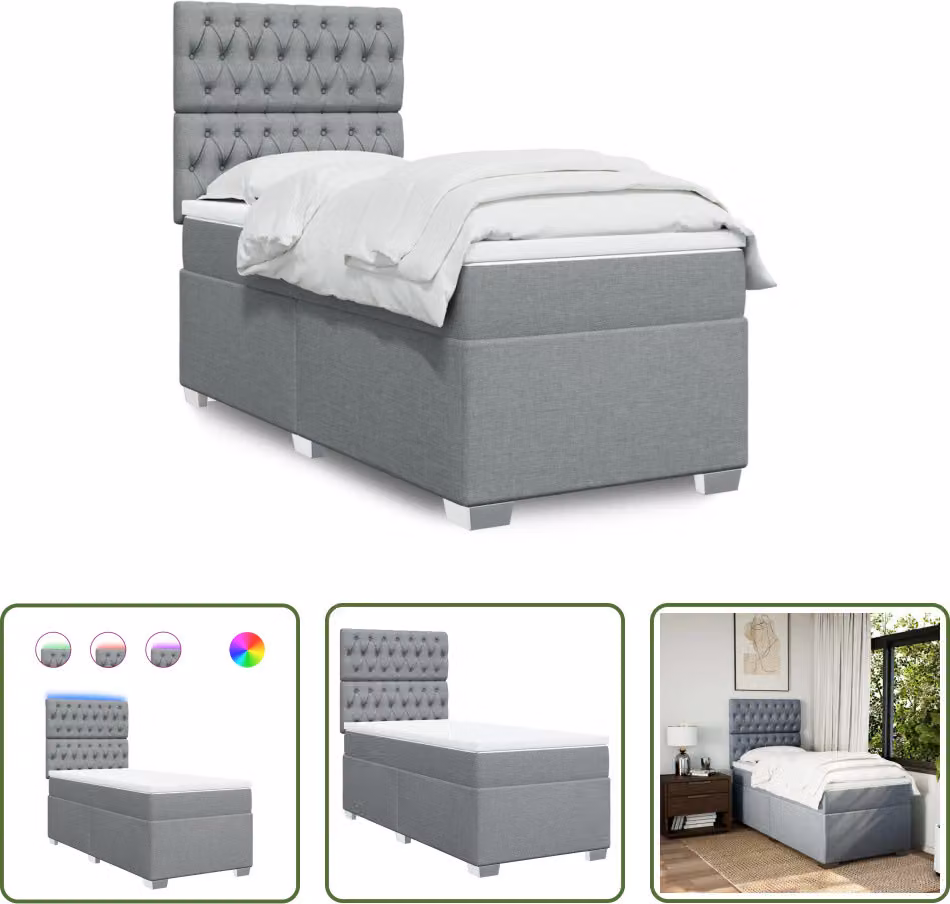 The Living Store Letto a molle con materasso grigio chiaro 100x200 cm in tessuto