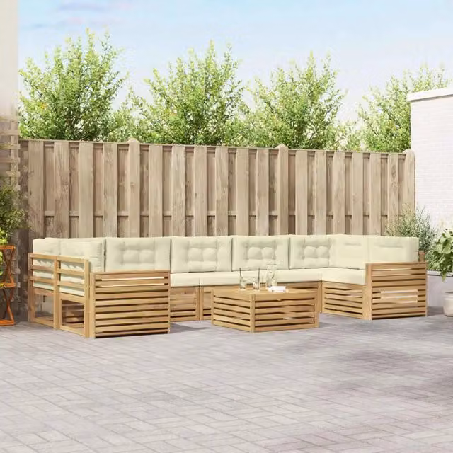 Set di divani da esterno a forma di U con tavolino da giardino vidaXL in legno di acacia, colore bianco e beige, 8 pezzi – 1