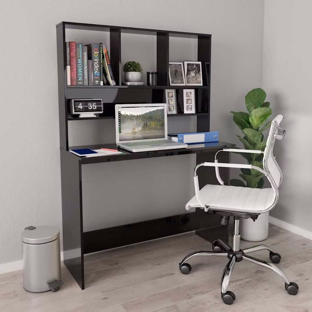 Scrivania con mensole vidaXL in legno nero lucido L: 110 cm, P: 45 cm, H: 157 cm