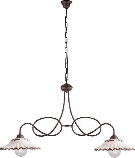 Lampadario Bistrot 2 Luci in Ferro Laccato Nero Effetto Ruggine con Diffusori in Ceramica Decorati a Mano - Belight