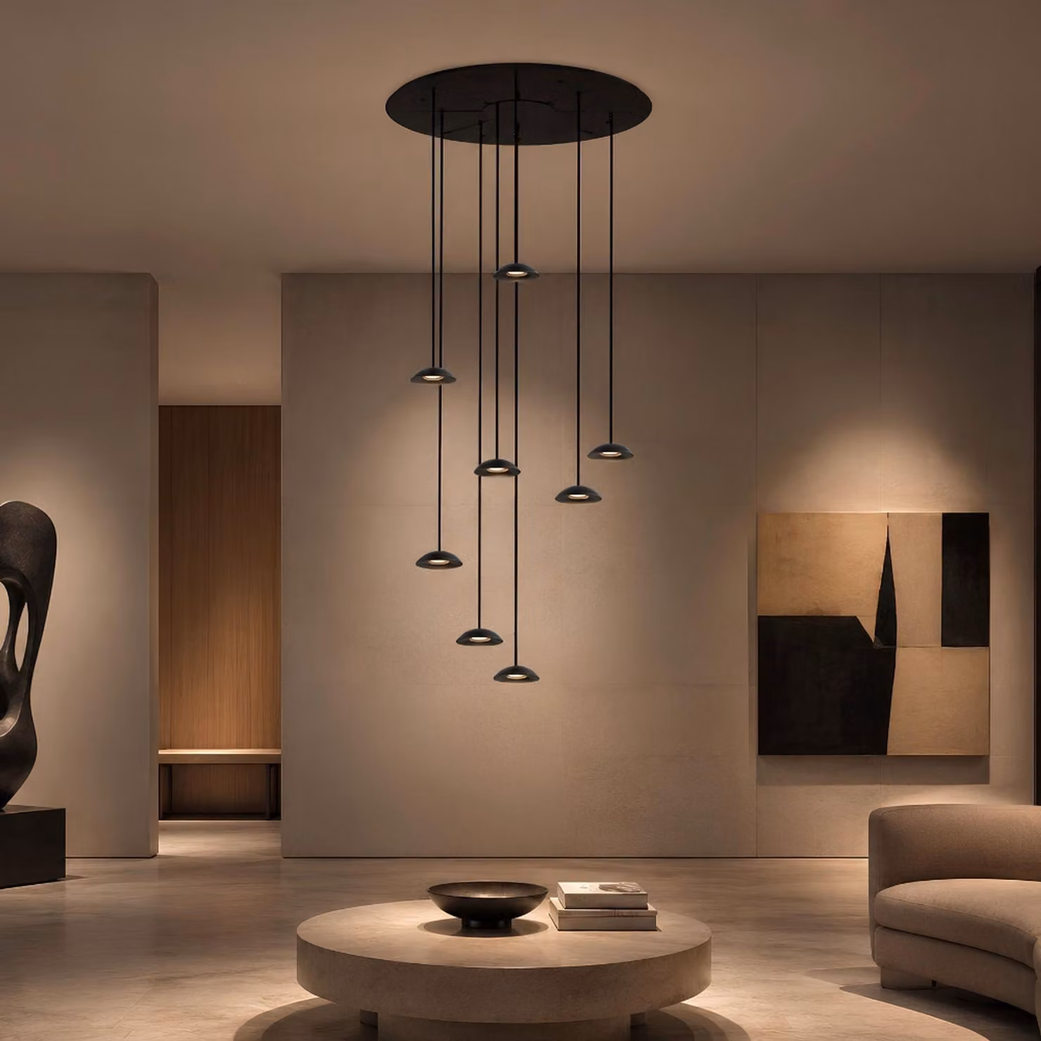 s.luce Santa Air LED lampada a sospensione per sala da pranzo 8-fiamme Ø 80cm baldacchino nero 8-fiamme semicircolari