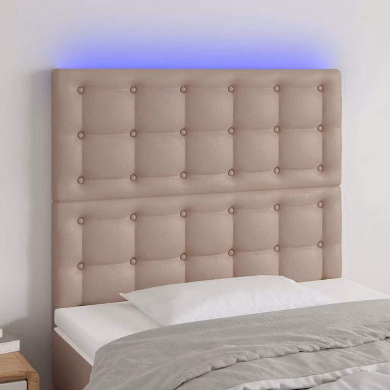 Testiera per letto vidaXL in similpelle color cappuccino con illuminazione LED e porta di ricarica USB, L: 80 cm, P: 5 cm, H: 118-128 cm