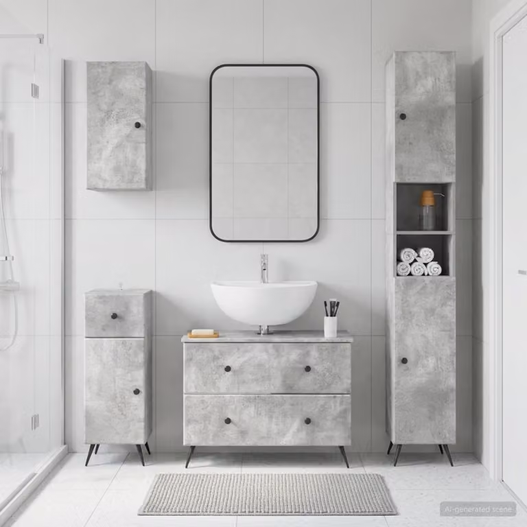 Set di mobili da bagno moderno vidaXL BREDA da 4 pezzi, colore grigio cemento, con mobile lavabo e pensili a muro