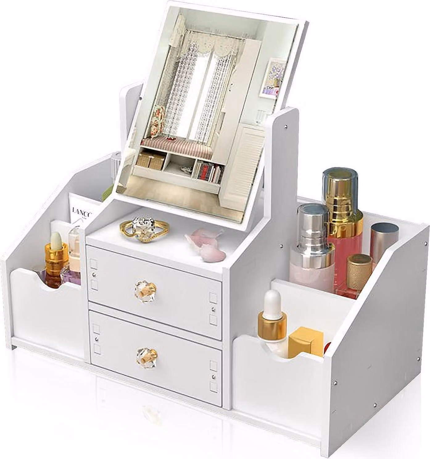 Organizzatore per il trucco bianco con specchio a cassetto per il bagno della camera da letto della toletta Organizzatore multifunzionale per cosmetici PVC Durevole