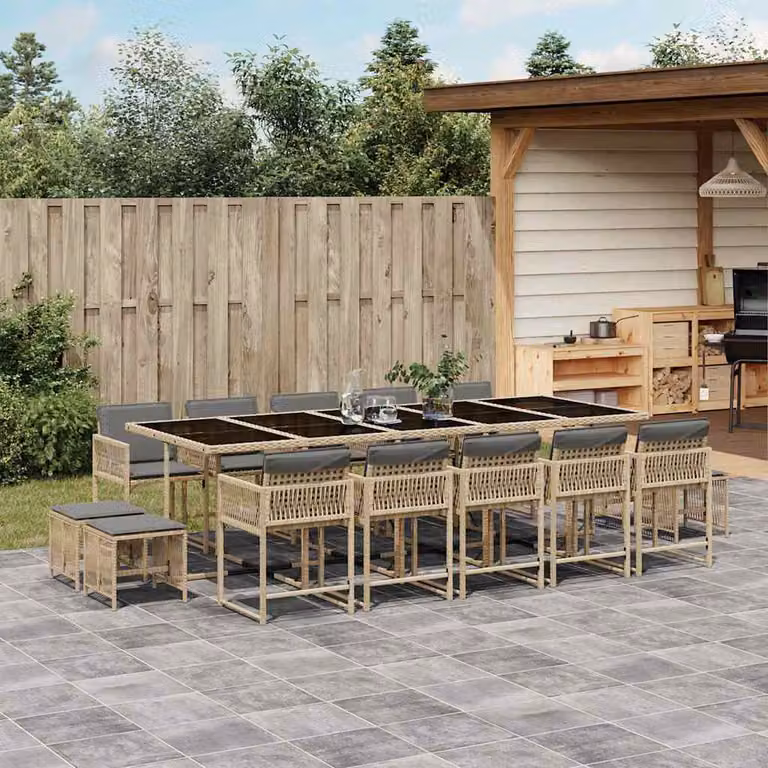 Set Pranzo da Giardino vidaXL in Polyrattan con Cuscini Beige, Nero e Grigio, 15 Pezzi