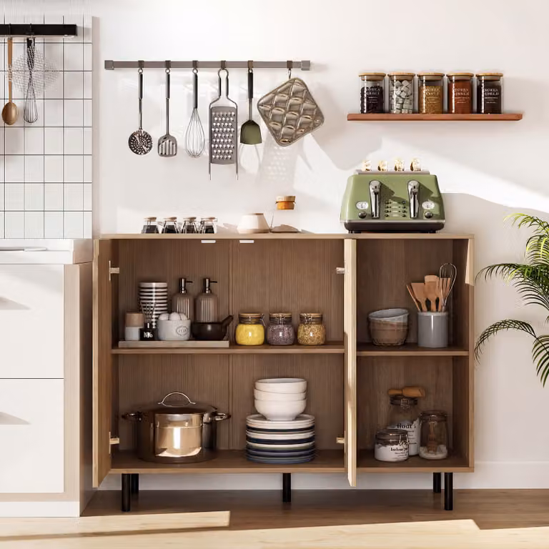 Buffet cucina e credenza moderna Costway in legno e metallo con 2 ante e 2 scomparti aperti, colore marrone, L: 106 cm, P: 38 cm, H: 80 cm