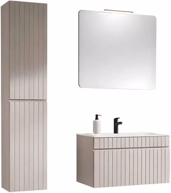 Set ICON: mobile sottolavabo 80cm + lavabo da incasso bianco + specchio + lampada LED + colonna