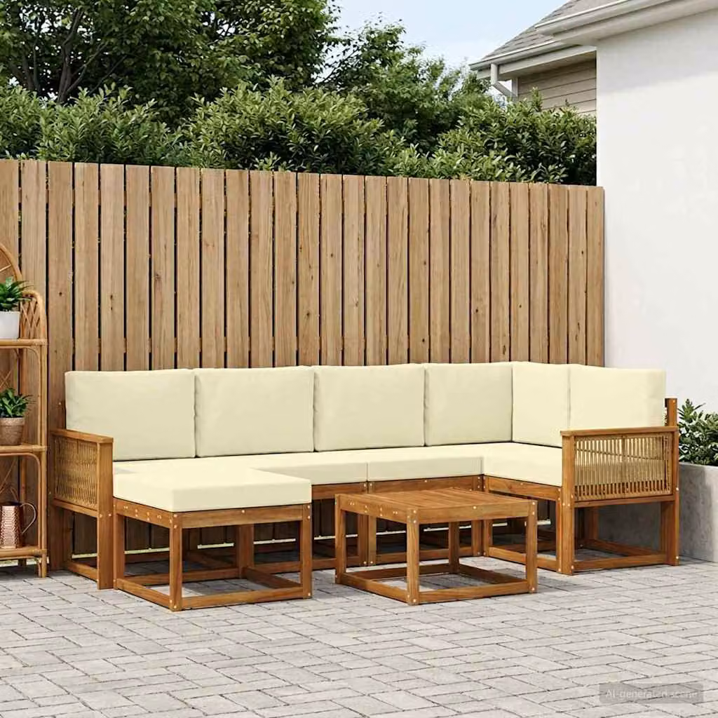 Set di divani da esterno vidaXL 7 pz in legno di acacia con cuscini, colore marrone, beige e bianco