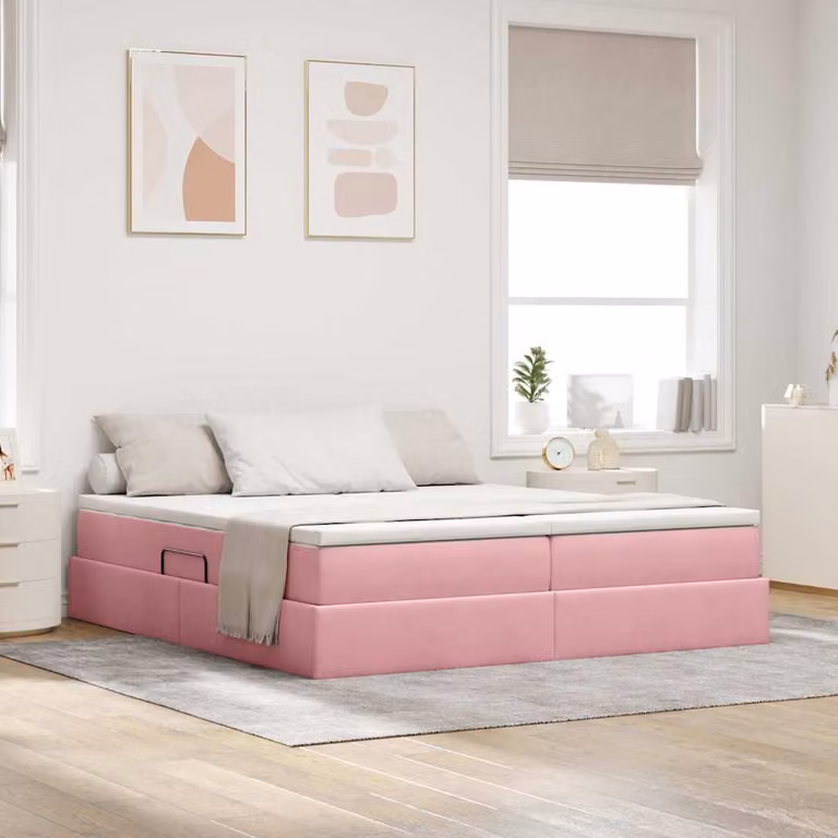 Letto con contenitore e materasso vidaXL in velluto rosa con struttura in metallo L/P/H: 180 x 200 x 204 cm