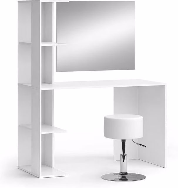 Tavolino da toilette Vicco Tower bianco con specchio e sgabello regolabile