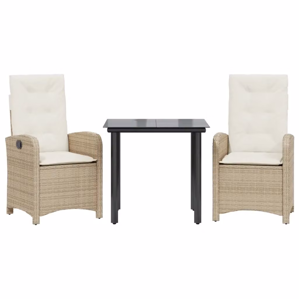 Set da Pranzo da Giardino 3 pz vidaXL in Polyrattan con Cuscini Beige e Tavolo in Vetro – 2
