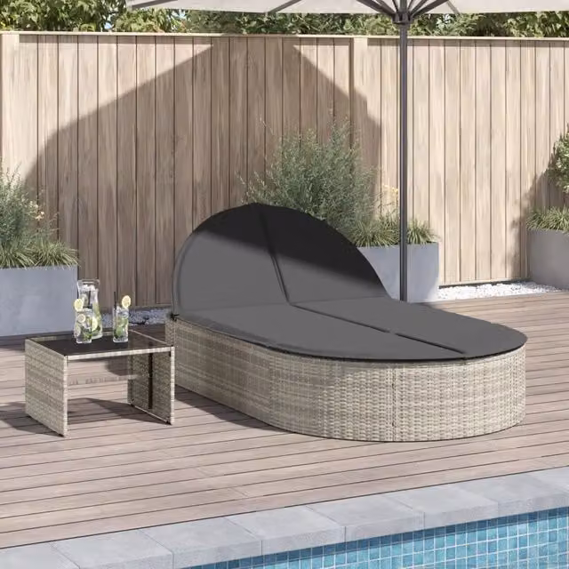 Lettino Prendisole Doppio con Cuscini Grigio Chiaro Polyrattan 368651