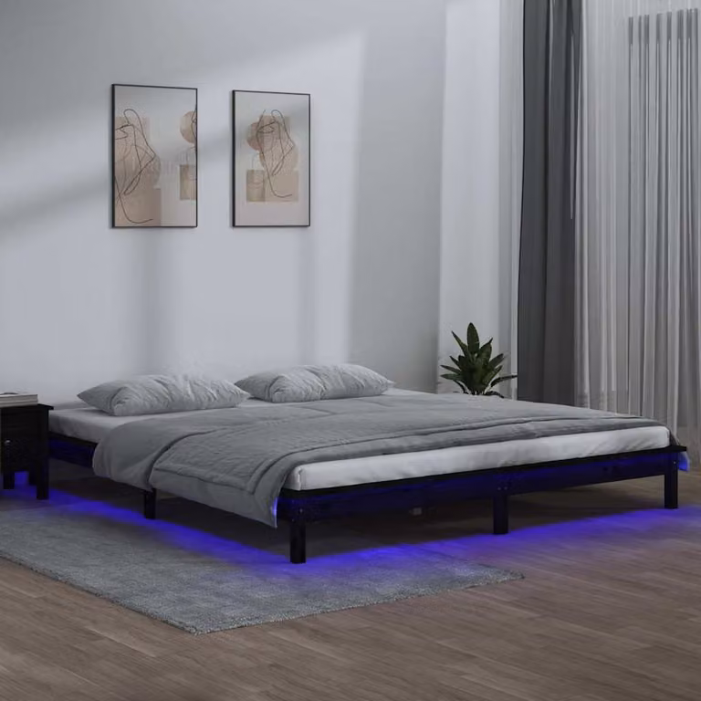 vidaXL Giroletto in Legno Massello di Pino Nero con Illuminazione LED e Porte USB L/P/H: 120 x 200 cm