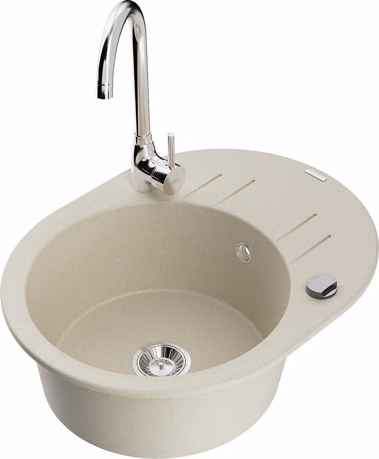 Mexen Kevin lavello in granito a 1 vasca con scola piatti e rubinetto da cucina Telma, beige - 6517-69-670200-00