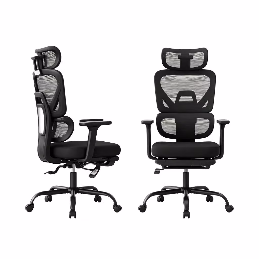 Sedia da ufficio ergonomica girevole con poggiatesta, poggiapiedi e braccioli in tessuto nero – 2