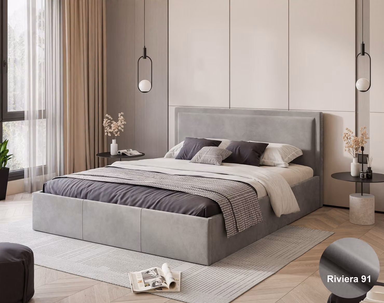 Letto imbottito Sofello 120x200 in velluto grigio chiaro, con struttura a doghe in legno e vano contenitore.