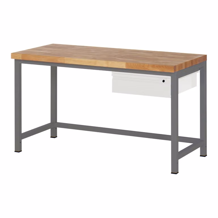Banco da lavoro regolabile in altezza STIER Premium, 1 cassetto, 150x70x84-104 cm, acciaio e faggio