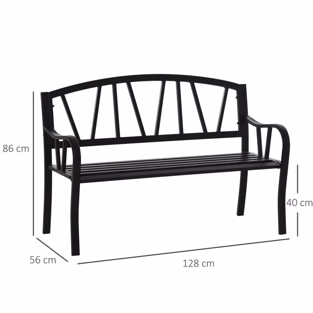 EasyComfort Panchina da Giardino in Metallo Nero Opaco con Braccioli, Panca da Esterno Impermeabile per 2 Persone, L: 128 cm, P: 56 cm, H: 86 cm – 2