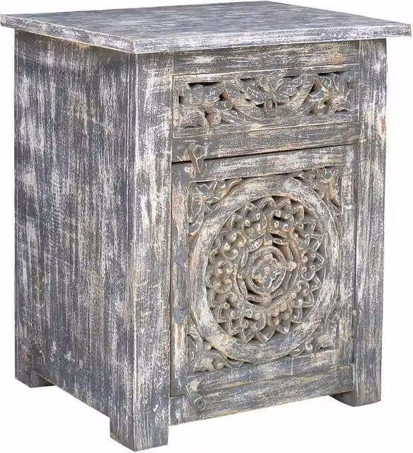 Comodino in legno con finitura artigianale, dimensioni 60x40x70 cm.