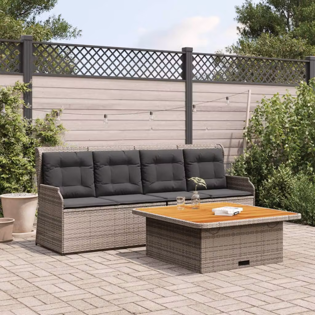 Set da giardino vidaXL composto da un divano a 3 posti, un divano a 2 posti e un tavolino da caffè in rattan con cuscini grigi e struttura in acciaio verniciato a polvere – 1