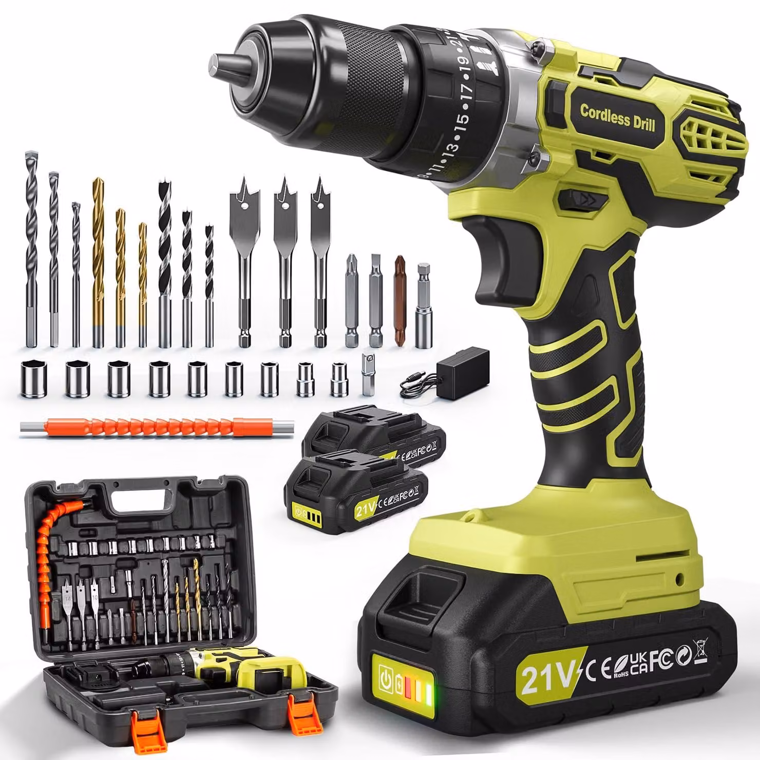21 V, Avvitatore a batteria, con 2 batterie da 2,0 Ah, 45 Nm, 25+3 impostazioni di coppia, 2 velocità. Avvitatore a batteria, con luce LED, mandrino da 10 mm