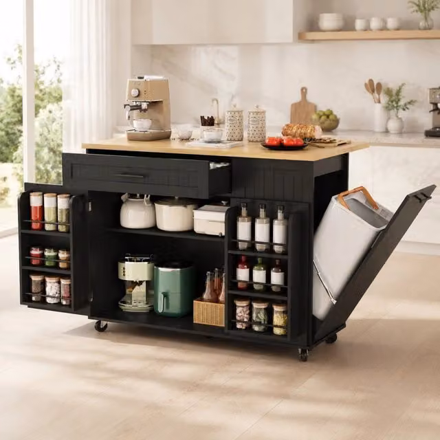 Isola cucina mobile moderna con piano ribaltabile e vano rifiuti in MDF nero L: 130 cm, P: 70 cm, H: 93 cm – 1