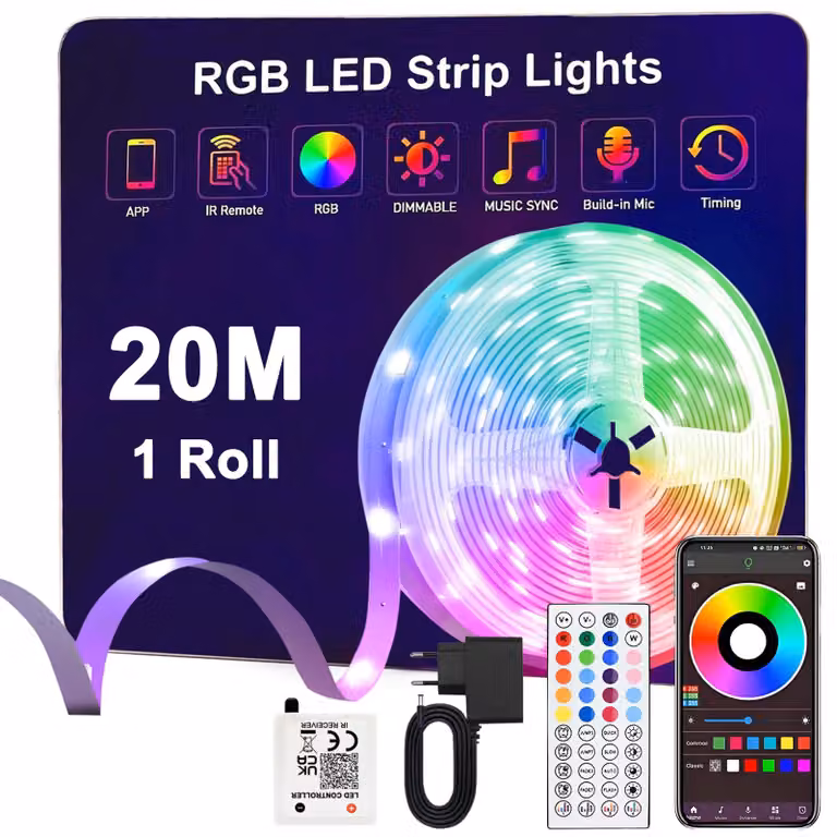 Striscia LED da 20 metri, RGB, con cambio di colore, controllabile tramite app Bluetooth e telecomando