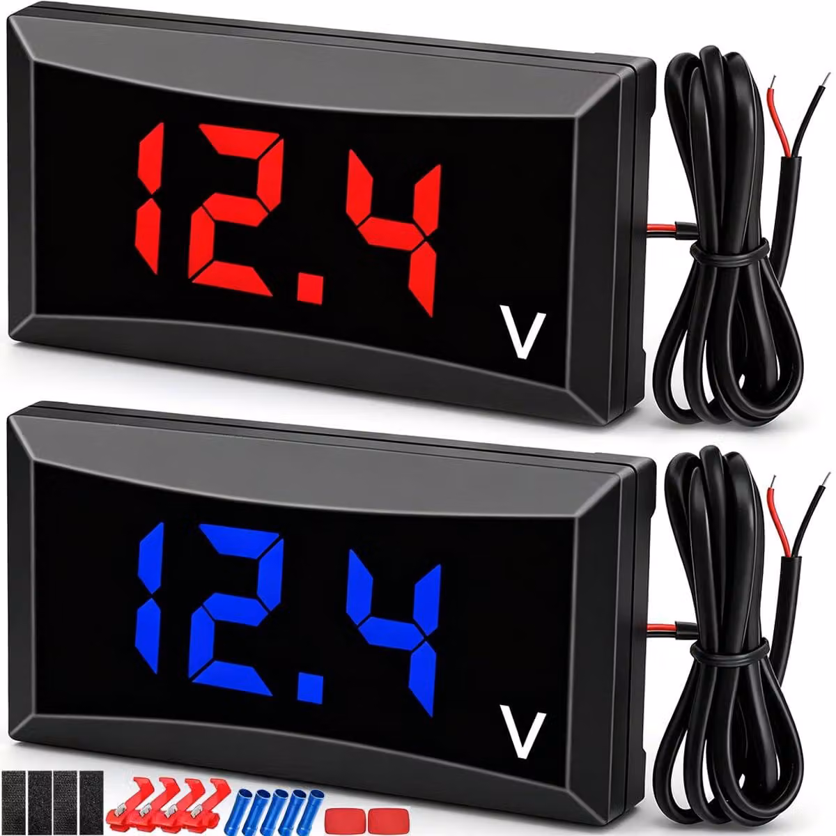 Set di 2 voltmetri digitali per auto, alimentazione 12 V DC, display a LED, range di funzionamento da 4 a 28 V, impermeabili