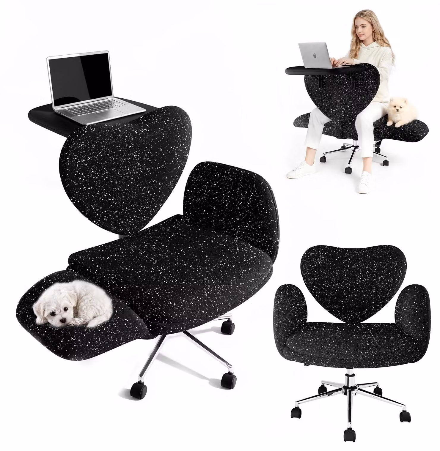 Sedia da ufficio ergonomica, ampia – sedia per computer – piano scrivania pieghevole – braccioli regolabili in 5 posizioni – regolabile in altezza – girevole – con rotelle – colore nero lucido