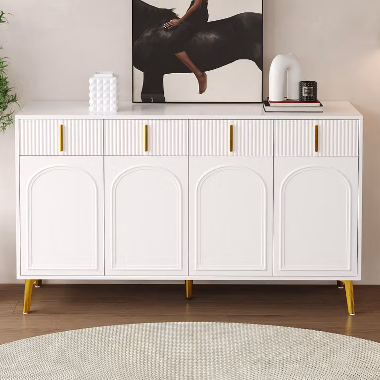 Credenza Merax con maniglie dorate, cassettiera con 4 ante e 4 cassetti, credenza in MDF, cassettiera con ripiani regolabili, bianco