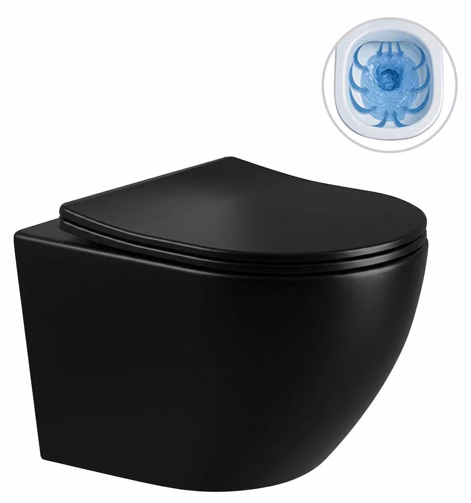 CERANO - WC sospeso Verde, senza brida + sedile Slim/UF - nero lucido - 49x36 cm
