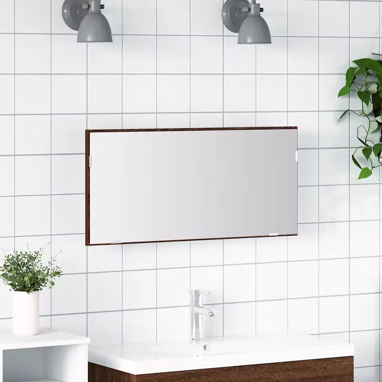 Specchio da parete moderno vidaXL con luce LED in vetro e legno, marrone, L: 80 cm, P: 37 cm