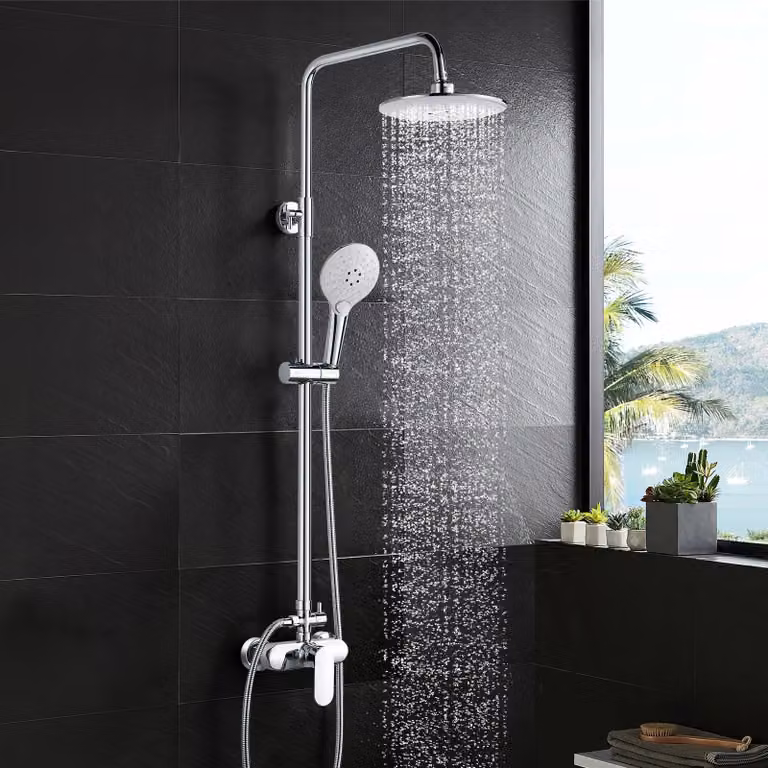 Sistema doccia con soffione a pioggia, cromato, regolabile in altezza da 80 a 117 cm