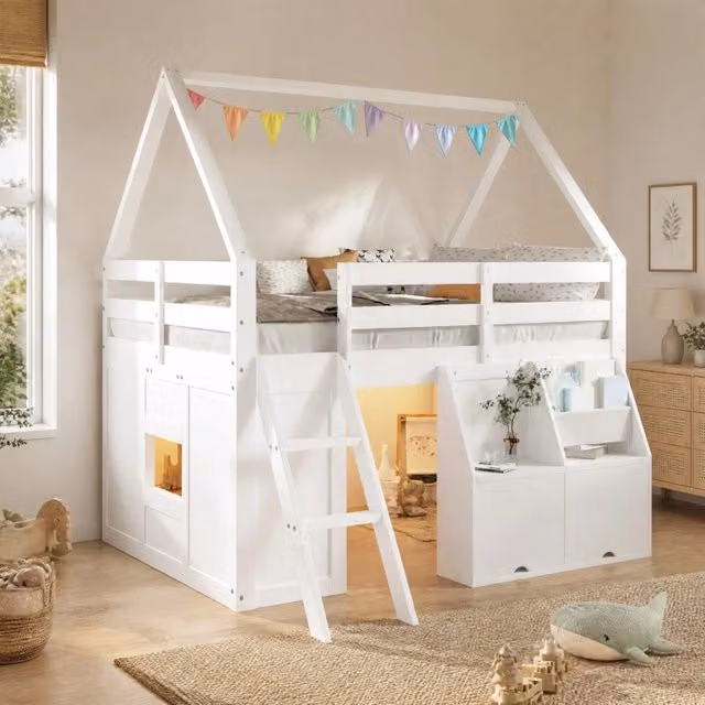 Letto a soppalco per bambini in legno e MDF bianco con struttura a casetta, illuminazione sottostante e scomparti laterali L/P/H: 200 x 140 x 194,5 cm