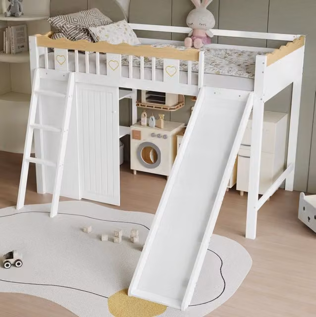 Letto a soppalco per bambini con scivolo, armadio e scaffale integrati, struttura in pino, MDF e compensato, 90x200 cm, bianco e naturale