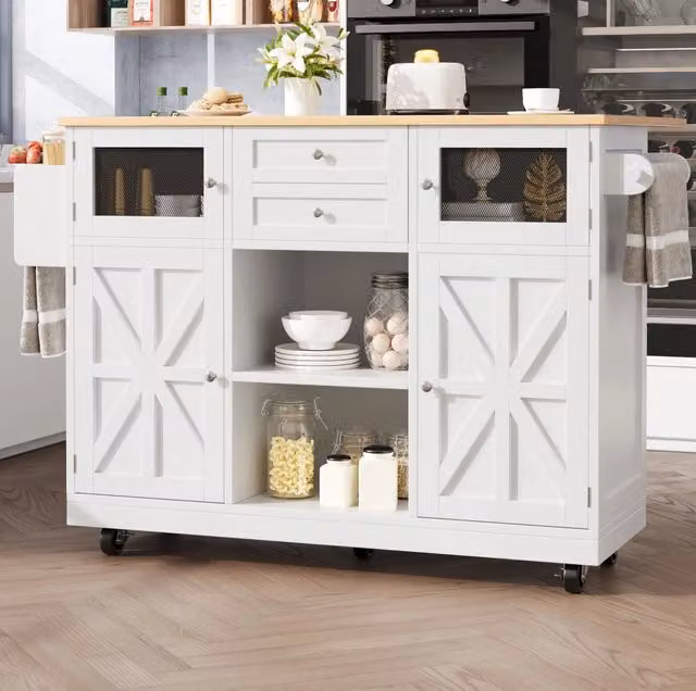 Isola cucina mobile con ripiani regolabili, piano di lavoro effetto legno, portasciugamani laterale e ruote 360° in bianco, 140x40x93,5 cm