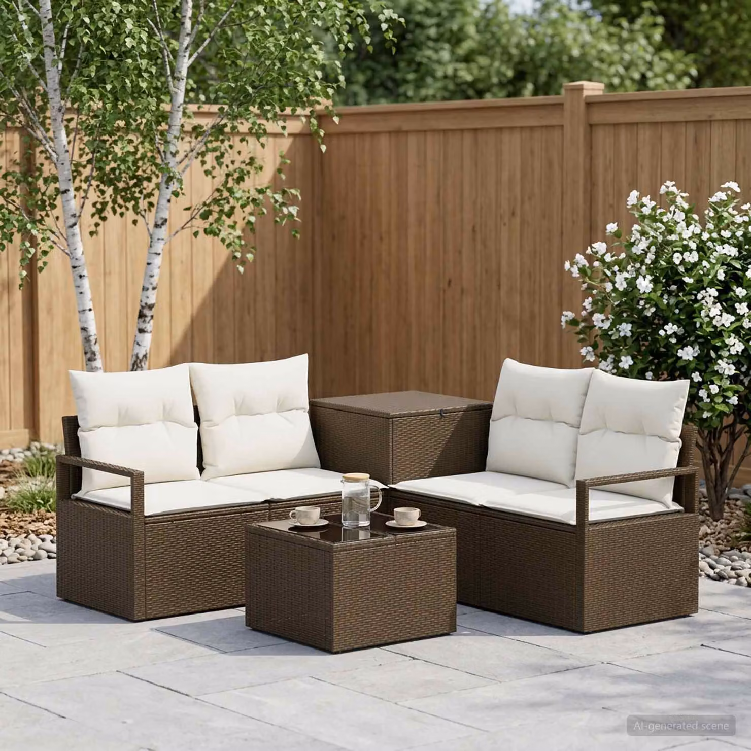 Set di divani da giardino vidaXL in polyrattan marrone e bianco con tavolo da caffè e cuscini inclusi