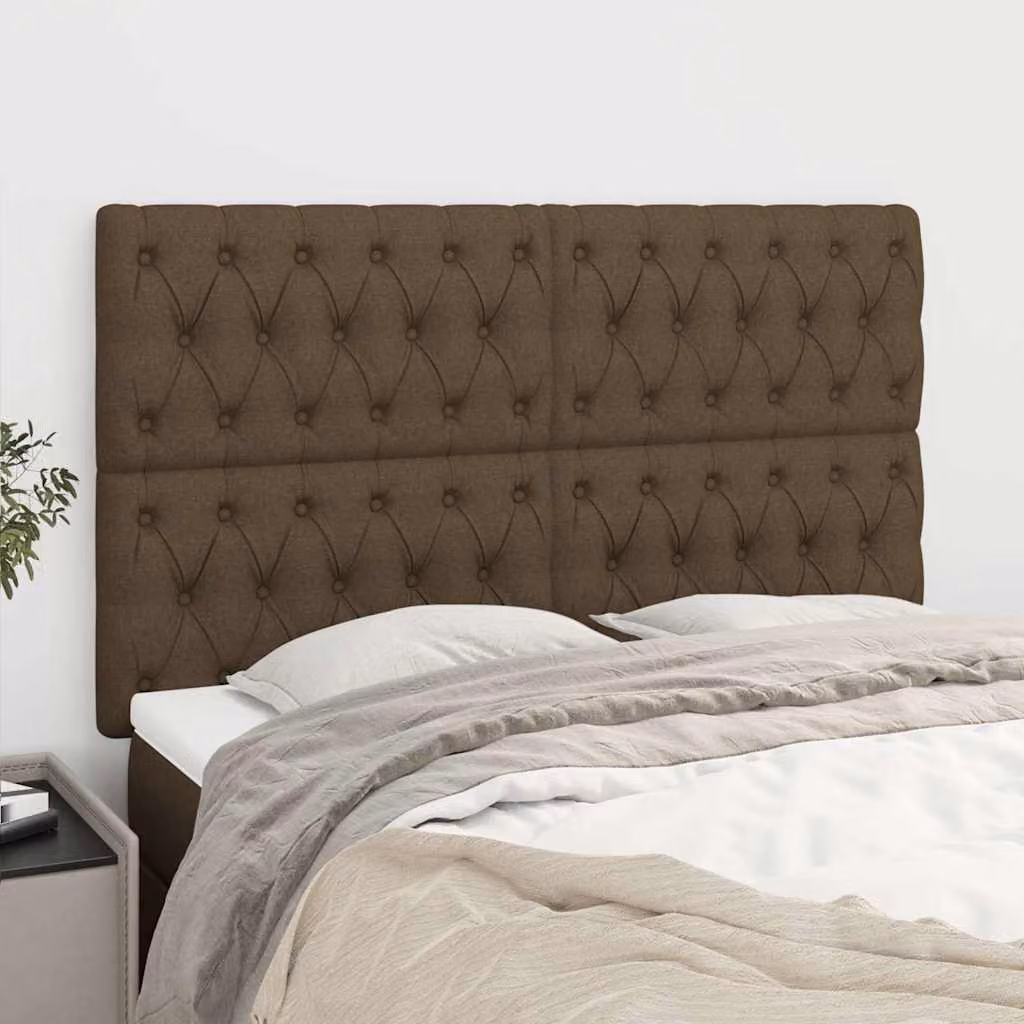 Testiera per letto imbottita vidaXL in tessuto marrone scuro con struttura in legno di larice, L: 144 cm, P: 7 cm, H: 118/128 cm